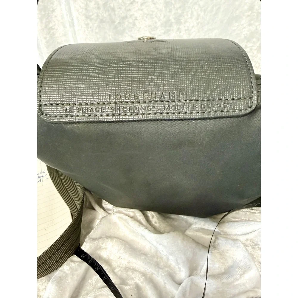 Longchamp Le Pliage Shopping Depose Handbag Grey Nylon Leather Crossbody Satchel